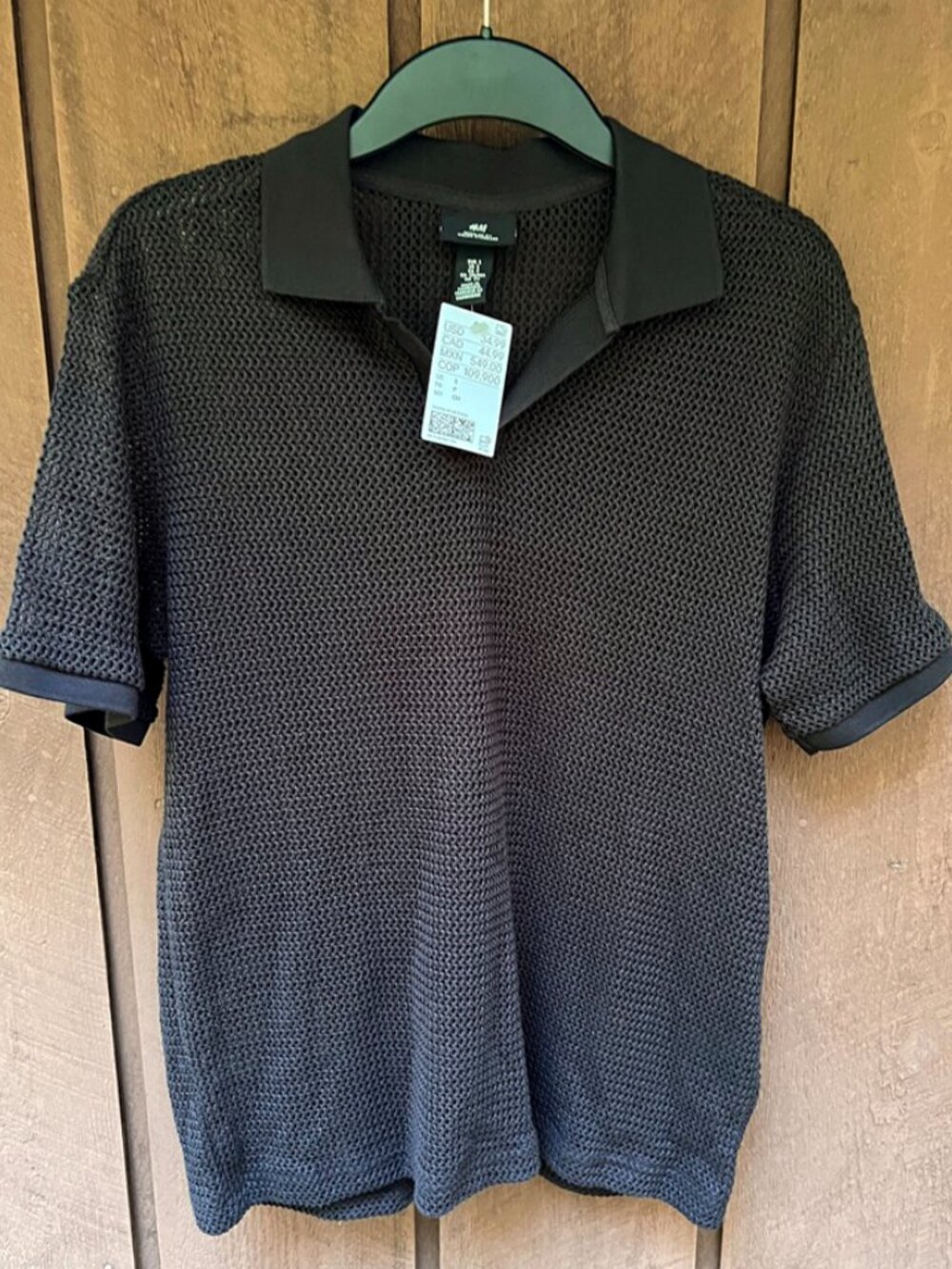 New H&M Regular Fit Hole-Knit Polo Shirt in Black - Size S